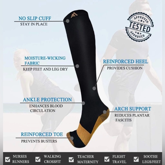 Copper Compression Knee High Socks Circulation Support Black 2 Pack - Picture 4 of 6